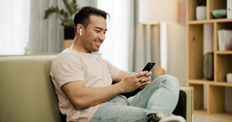 Poster - Home, smile and man with a smartphone, music and ebook with social media, podcast and internet. Person on a sofa, apartment and guy with a cellphone, streaming music and blog for news and digital app