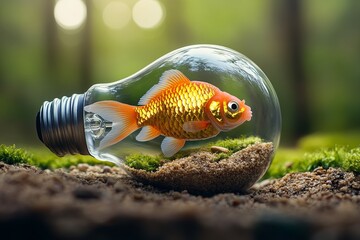 Wall Mural - A vibrant goldfish swims inside a light bulb, surrounded by sand and moss, creating a whimsical scene of nature and imagination. Boundless Ideas, Glowing Enigma