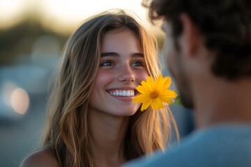 Wall Mural - Young man giving a yellow flower to a smiling woman at sunset