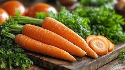 Wall Mural - Fresh carrots and parsley on wooden board.