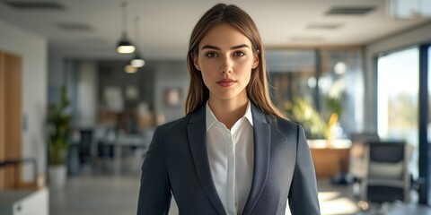 Wall Mural - High-resolution photograph of a woman wearing a suit and standing in an office environment. She is looking directly at the camera with a neutral expression.