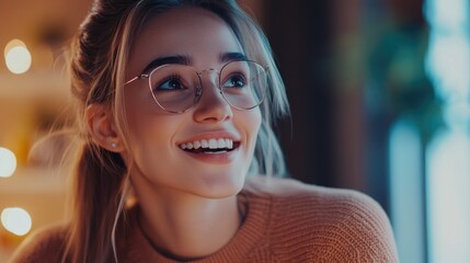 The image features a cheerful woman smiling at the camera, wearing glasses and a colorful sweater in an indoor setting with decorative lights and plants. She is captured in mid-smile, creating a sense