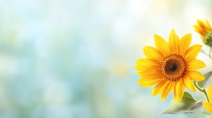 Canvas Print - A vibrant sunflower with bright yellow petals stands out against a soft, blurred background, evoking feelings of warmth and positivity, ideal for nature-themed projects, advertisements