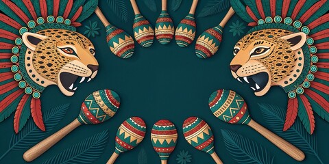 Tribal-inspired jaguar and maracas illustration for cultural events, Latin American festivals, music promotions, ethnic decor, and jungle-themed party invitations