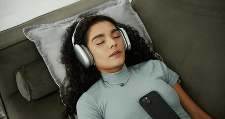 Poster - Sleeping, music and woman with headphones, home and streaming in living room with smartphone or calm. Peace, listening or person with audio on couch, resting and tech for sound in lounge or apartment