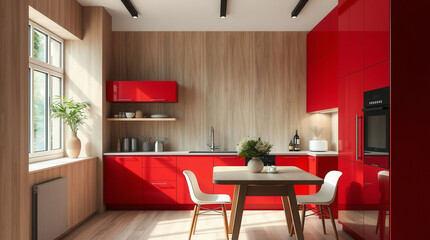 A red kitchen with a wooden wall and a window. The kitchen has a table with two chairs and a vase on it