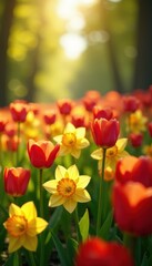 Wall Mural - Sunlit carpet of tulips, daffodils, and poppies , garden, texture, red