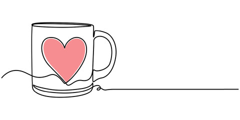 Red Heart Mug continuous one line drawing, Coffee cup and heart shapes, Valentine's Day Heart Doodle Single Continuous Thin Line Drawing, pro vector illustration concept. 