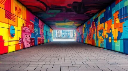 Wall Mural - Street art mural underground concept. A vibrant, colorful tunnel featuring striking graffiti art on both walls, leading to a bright, open space.