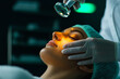 © Premium - beautician in white medical gown is performing facial treatment using magnifying glass on woman face. atmosphere is calm and professional, highlighting skincare