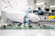 © littlewolf1989 - Working in electronics factory. Worker putting on anti static wristband or grounding bracelet while testing electronic components in production.