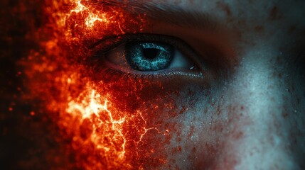 Wall Mural - A close up of a person's eye with a fiery red glow surrounding it