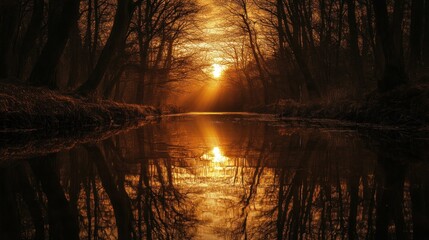 Wall Mural - Golden Hour Reflection: A Serene Sunset over a Forest Canal