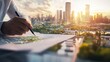 © Bhait - A serene shot of an architect sketching plans for a smart city district with integrated technology and green mobility solutions, Smart city planning scene, Futuristic urbanism style