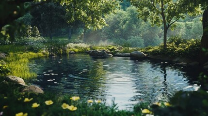 Poster - Serene Pond in a Lush Forest: A Digital Painting of Tranquility