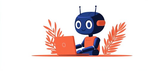 cartoon robot working on a laptop