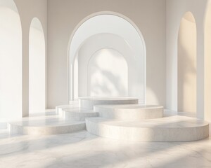 Wall Mural - abstract floating white podiums in a surreal infinite white room