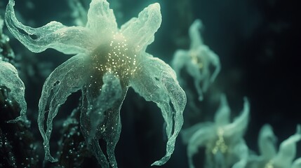Glowing underwater flora, dark background, science fiction