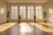 © adri - Empty sunlit room with tall windows and potted plants