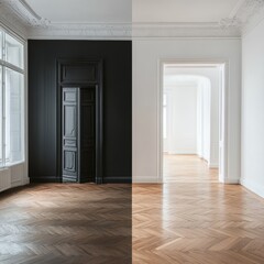 Aufkleber - Contrast of old dark interiors and bright modern renovated design in a room. Generative AI