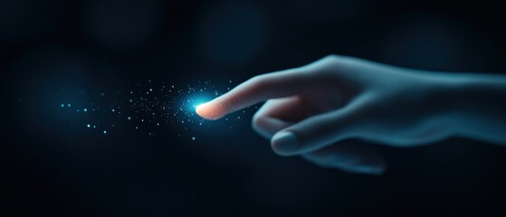 Wall Mural - hand touching digital interface with glowing particles