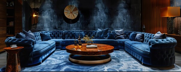 Wall Mural - Contemporary luxury living room with deep blue velvet couches, a polished wood coffee table, and rich textured walls. Soft light enhances the opulence.