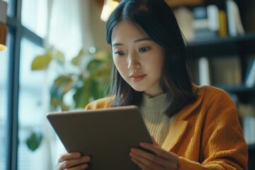 Poster - A woman sits at a desk or table using a tablet computer, possibly working or browsing