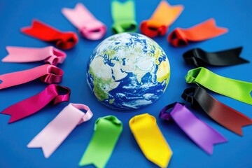 Canvas Print - A globe surrounded by colorful ribbons on a blue background, suitable for a celebration or event