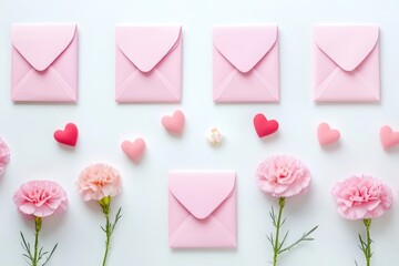 Poster - A close-up of pink envelopes and carnations surrounded by hearts on a white background