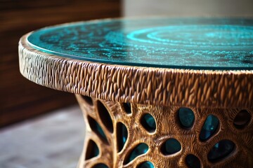 Sticker - Close-up shot of a table with a glass top and wooden frame