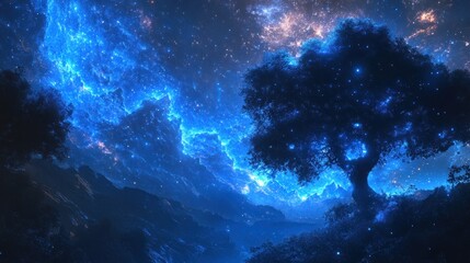 Poster - Celestial Nightscape: A Glowing Tree Under a Starry Sky