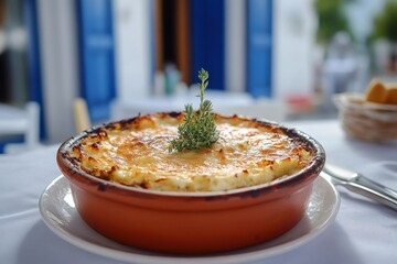 Wall Mural - Traditional greek moussaka garnished with thyme in terracotta dish