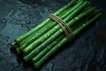 Wall Mural - Fresh green asparagus bundle with water droplets