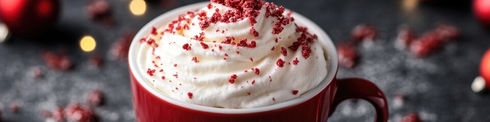 Wall Mural - A cup of coffee topped with whipped cream and red sprinkles, perfect for a sweet treat or gift