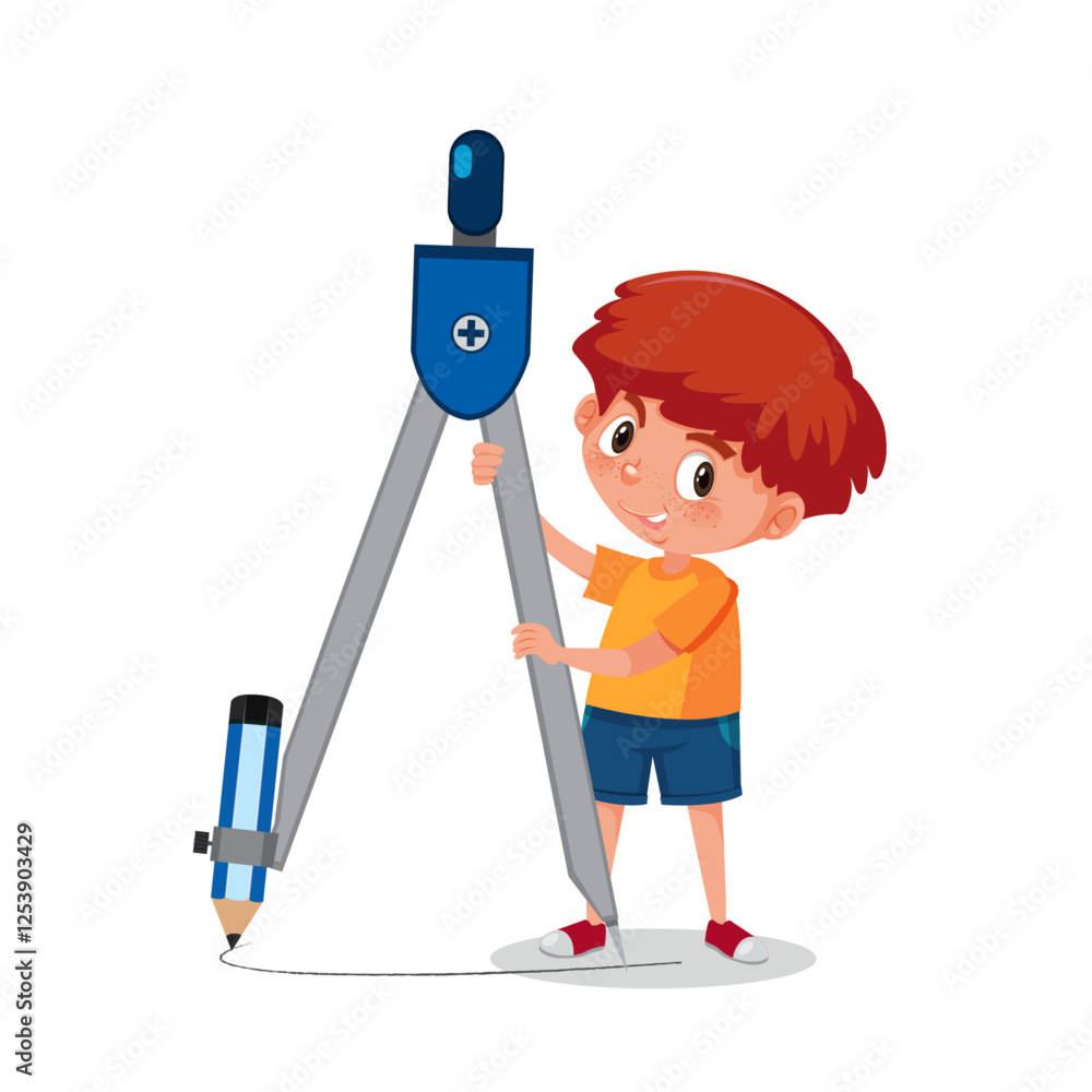 school kid holding geometric box blue color campass with blue color ...