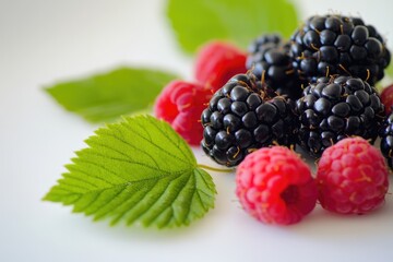 Wall Mural - A heap of fresh raspberries surrounded by leaves on a white surface, perfect for food styling or as a prop in a still life photo