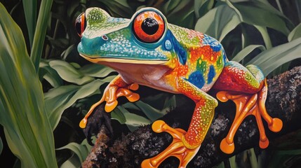 Sticker - Vibrant Red-Eyed Tree Frog in Lush Rainforest