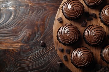 Wall Mural - Delicious chocolate cupcakes resting on wooden board with chocolate chunks