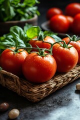 Wall Mural - Fresh red tomatoes with water droplets in wicker basket, basil leaves, and olives