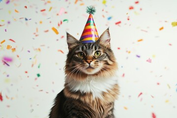 Poster - A curious cat wears a colorful party hat and sits amidst confetti, perfect for whimsical celebrations or playful moments