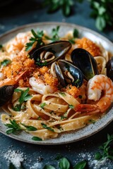 Poster - A delicious plate of pasta served with shrimp and mussels