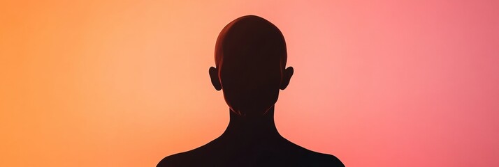 Fototapete - Silhouette of a person with bald patches against a vibrant orange and pink background during sunset. Generative AI