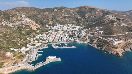 Wall Mural - Aerial drone photo of main village and port of amazing fjord shaped island of Fournoi Ikarias featuring beautiful beaches and relaxing vacations untouched by tourism, North Aegean sea, Greece