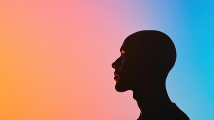Poster - Silhouette of a person with visible bald patches against a colorful gradient background during sunset. Generative AI