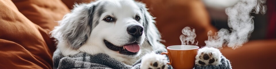 Wall Mural - A dog sitting on a couch holding a cup of coffee