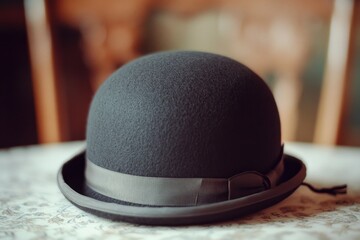 Canvas Print - A close-up shot of a black hat resting on a table, great for editorial or lifestyle uses