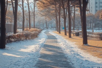 Wall Mural - A snowy path in a park with trees and plants covered in white snow