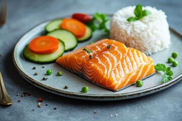 Poster - Freshly cooked salmon with rice and mixed vegetables on a table