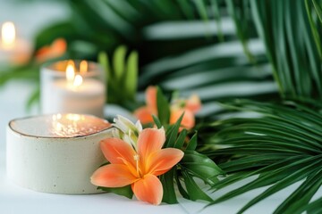 Poster - A close-up shot of a candle surrounded by flowers, perfect for romantic or intimate settings