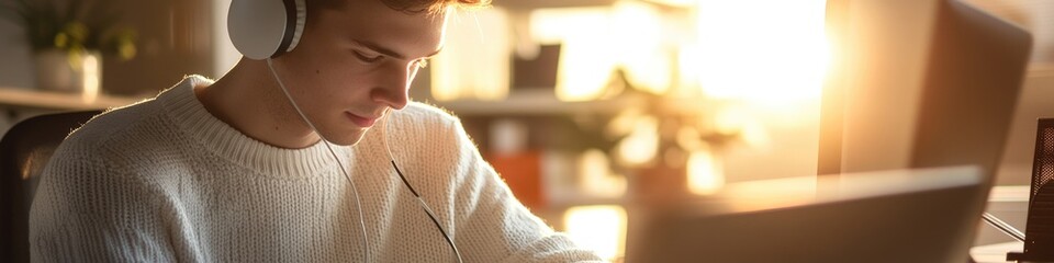 Wall Mural - a person working on a laptop while wearing headphones